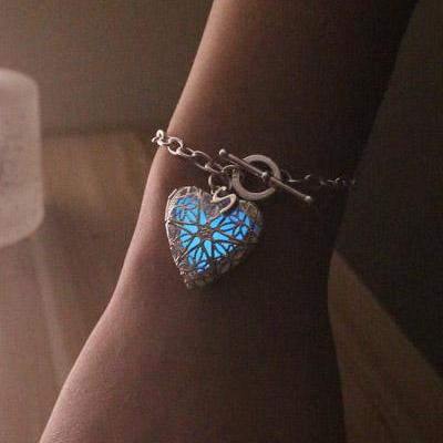 Aquamarine Heart Glowing Bracelet, Initial Locket..