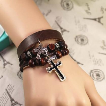Cross Leather Bracelet, Bead Bracelet, Multilayer..