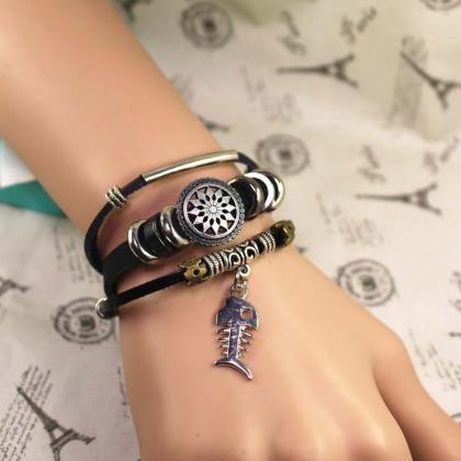 Fishbone Leather Bracelet, Bead Bracelet,..