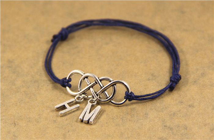 Double Infinit Anklet, Initial Anklet, Navy Blue Wax Cord Anklet, Birthday Gift, Christmas Gift