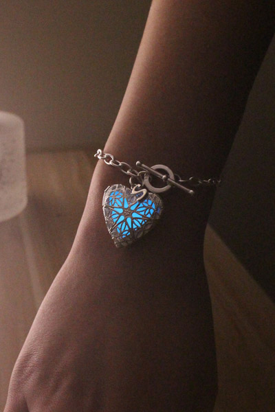 Aquamarine Heart Glowing Bracelet, Initial Locket Necklace, Glowing Jewelry, Glow In The Dark, Birthday Gift